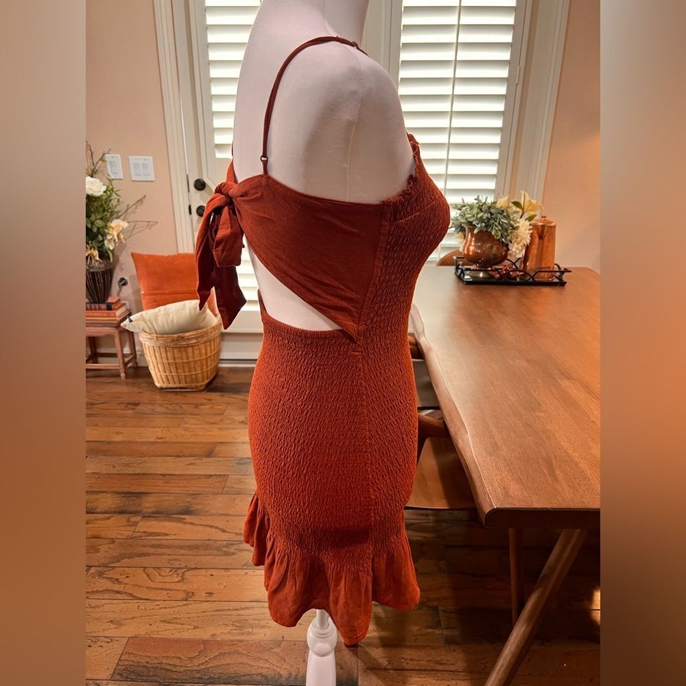 Abercrombie & Fitch Smocked Mini Dress Rust Burnt Orange Open Back Tie Ruffle XS - Picture 4 of 10